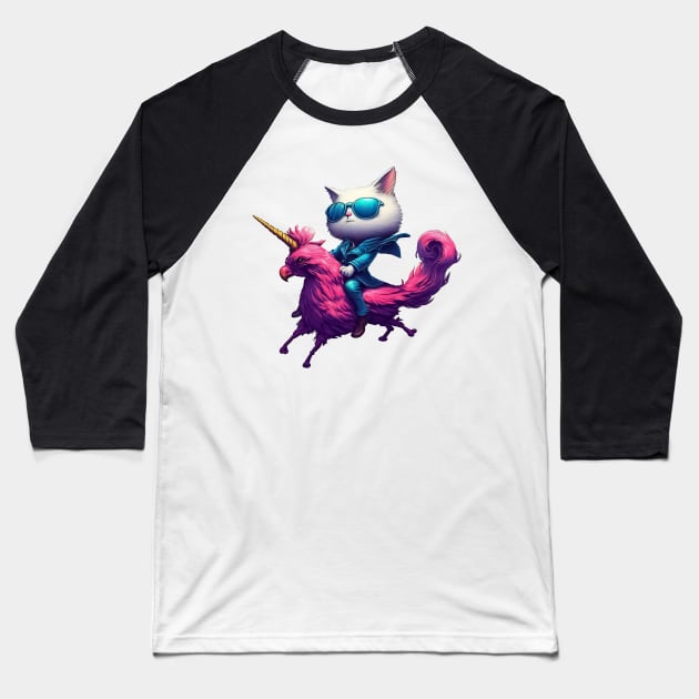 White cat on pink unicorn chicken Baseball T-Shirt by TomFrontierArt